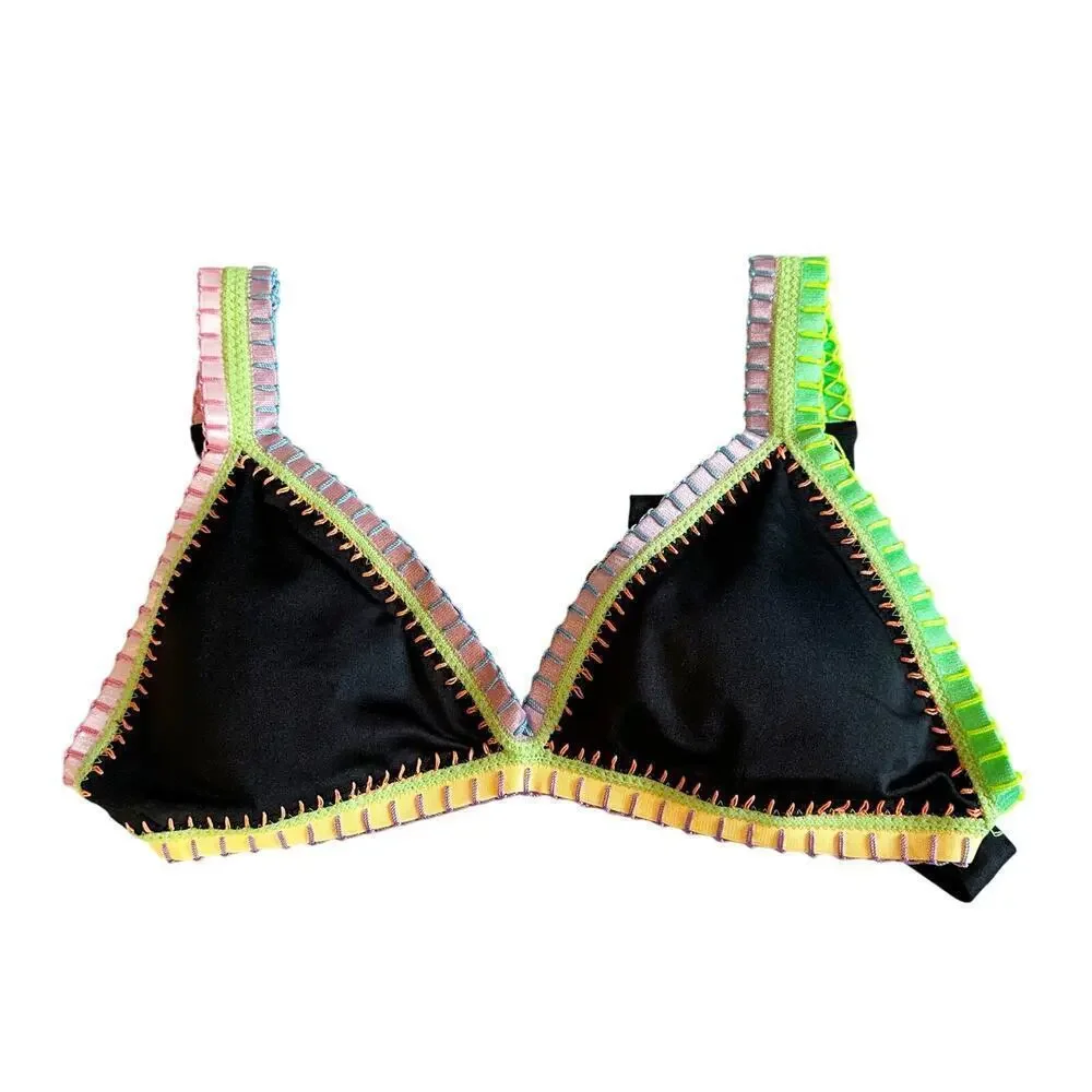 PQ Swim Platinum Black Pearl Crochet Trim Tri Top Size Large